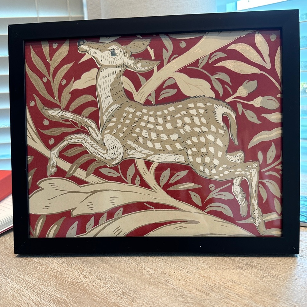 Framed Fawn Art Print with Red and Gold - 8” x 10”